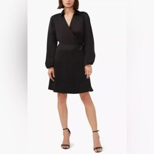 Halogen Long Sleeve Satin Wrap Shirtdress In Black Size Small NWT